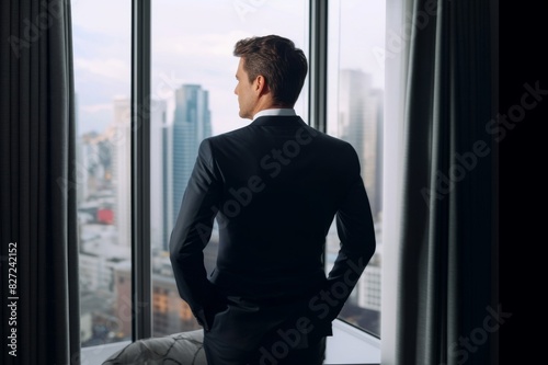 Businessman standing and taking in the view out of his hotel room window