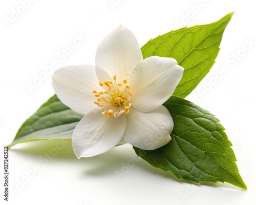 White Flower With Green Leaves on White Background. Generative AI © Irina