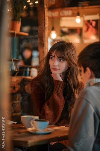 Teenage Girl Experiencing a Nervous Crush in a Cozy Café Setting with Soft Lighting and Rustic Decor