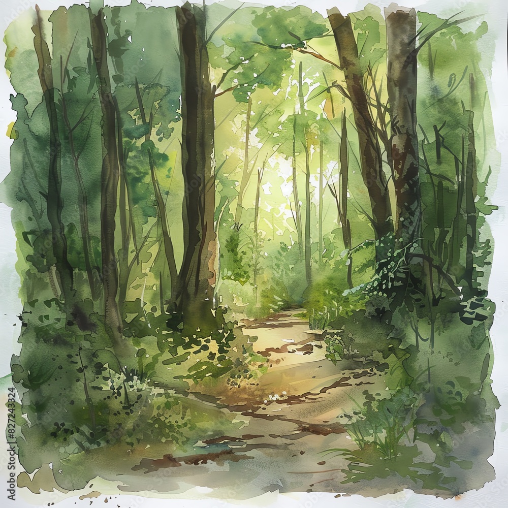 Forest, trail, exploration, watercolor style