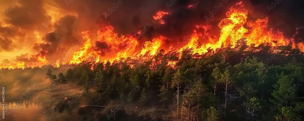 Dramatic wildfire spreading through dense forest with intense flames and thick smoke, showcasing the destructive power of nature. Dramatic wildfire spreading through dense forest with intense flames and thick smoke, showcasing the destructive power of nature.
