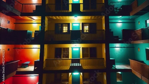View of the facade of a building with doors at night, under the light of multi-colored lanterns