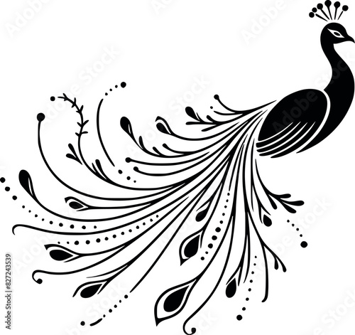 Elegant Black Silhouette of a Majestic Peacock with Intricate Feather Details Against a Pristine White Background Vector art Free download