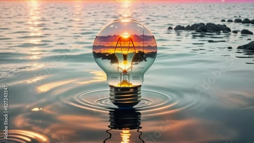 Burning light bulb on water, energy saving and ecology concept
