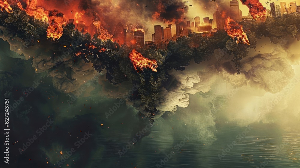 Obraz premium Dramatic scene of a city engulfed in flames with dark smoke rising, depicting a catastrophic urban disaster and fiery inferno.