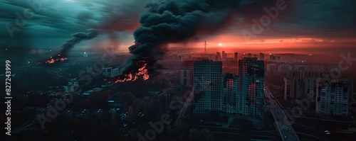 Aerial view of a city engulfed in thick smoke and fire at sunset, illustrating the aftermath of a disaster or apocalypse.