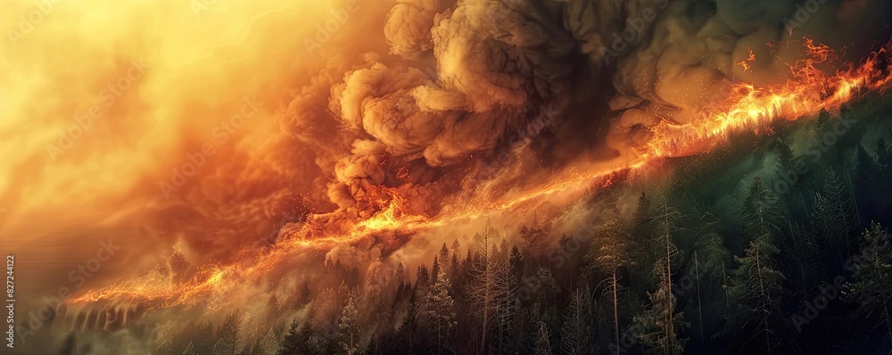 Dramatic forest wildfire with intense flames and heavy smoke, showcasing the raw power and destructiveness of nature.