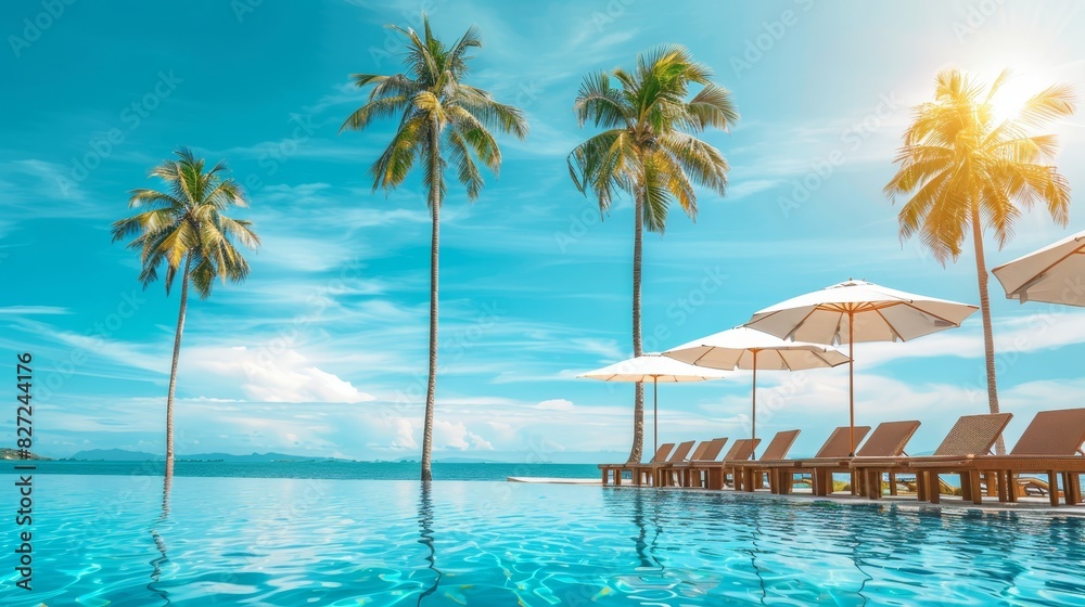 Luxury beach resort landscape with swimming pool, relaxing beach chairs and palm trees