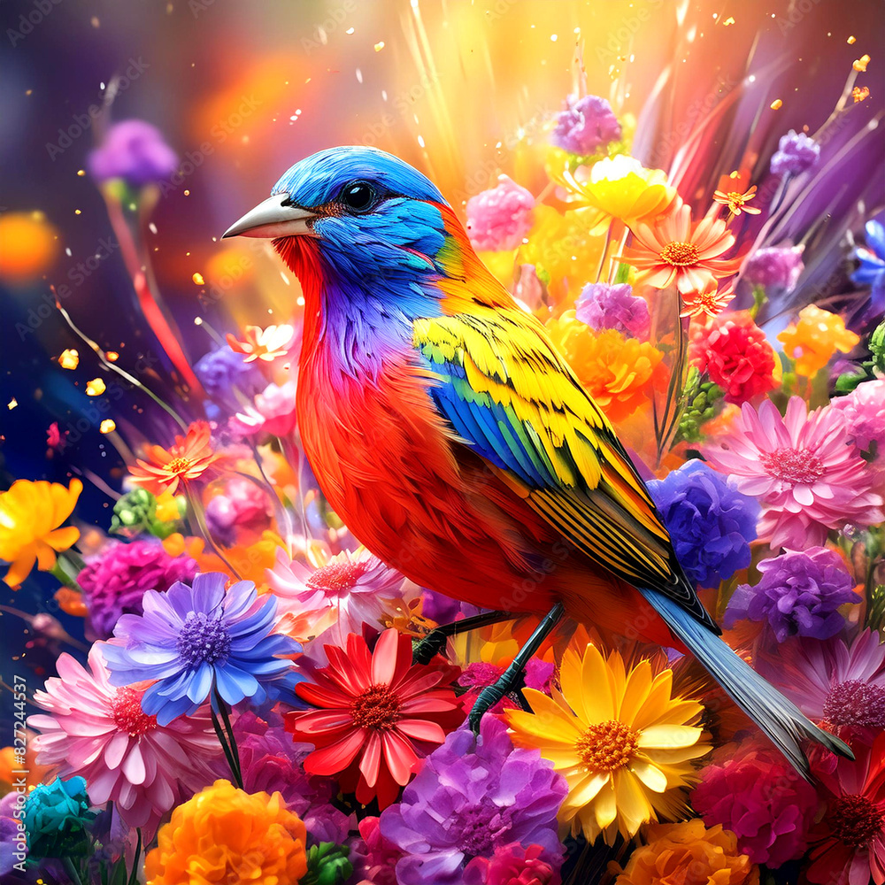 A Painted Bunting bird surrounded be an explosion of colorful flower. A Painted Bunting bird surrounded be an explosion of colorful flower.