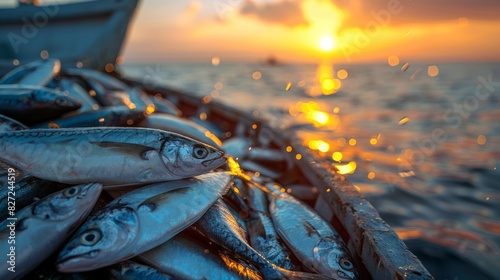 A vibrant scene of freshly caught fish in a boat at sunset, capturing the beauty of fishing on the ocean. photo