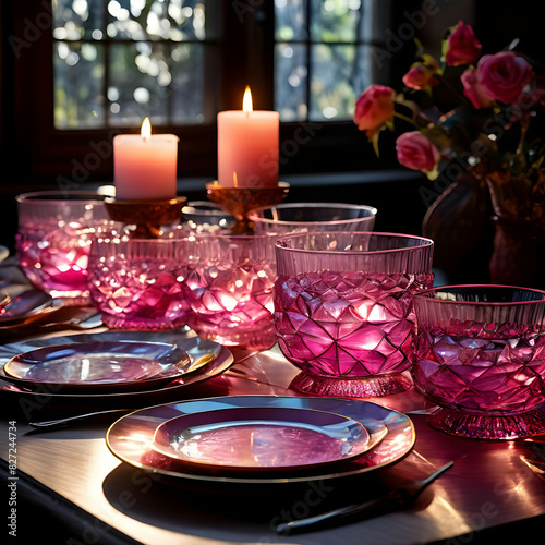 Stain glass crockery on the dining table  making an awesome view for candle light diner