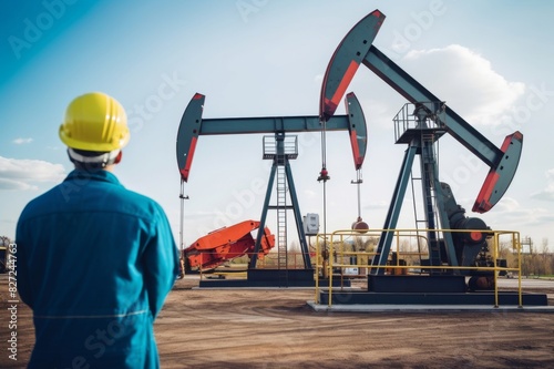oil pumps, nodding donkey or pump jack and rig against blue cloudy sky. engineer in protective uniform working in between photo