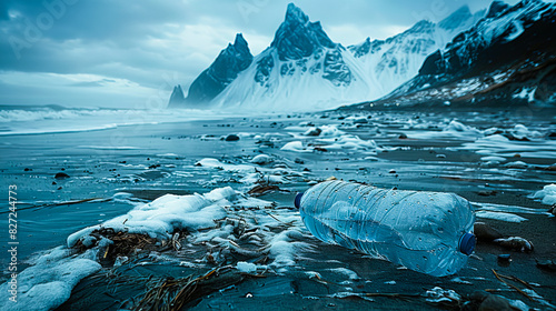 Polluted arctic shoreline with plastic waste photo