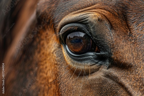 Close-up of a beautiful high-quality brown horse eye with stunning detail and texture