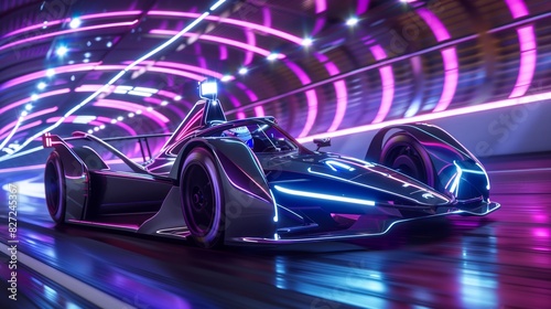 Electric racers zoom through neon-lit tunnels on a futuristic track, creating a thrilling speed spectacle.