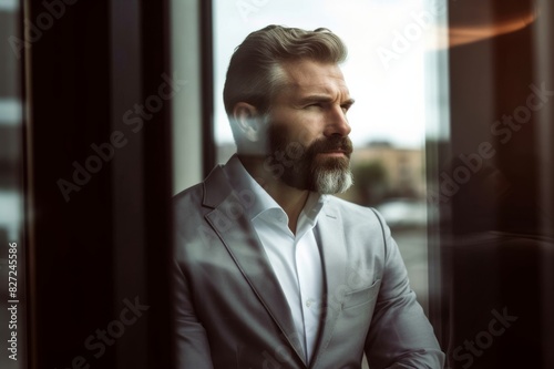 portrait of businessman looking out of window