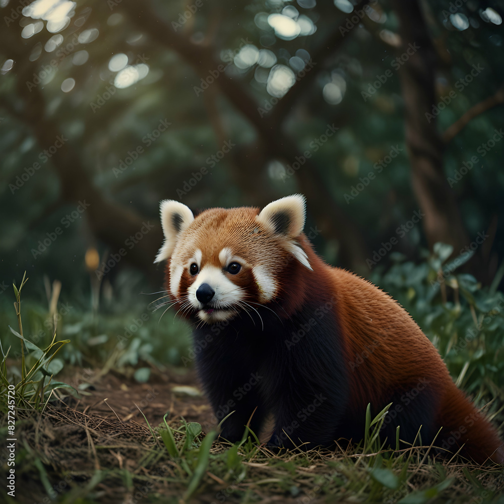 Fototapeta premium a red panda, using an analog camera to achieve a dreamlike quality reminiscent of the cosmos.