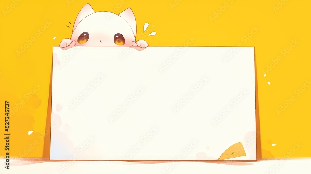 In this cartoon illustration a charming paint character peeks out from behind a white board against a pristine white backdrop In this cartoon illustration a charming paint character peeks out from behind a white board against a pristine white backdrop