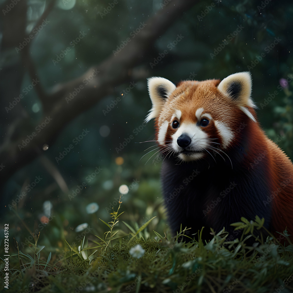 Fototapeta premium a red panda, using an analog camera to achieve a dreamlike quality reminiscent of the cosmos.