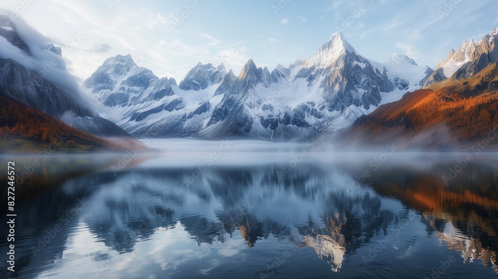 A breathtaking view of snow-capped peaks reflected in a clear lake, with morning mist adding tranquility.