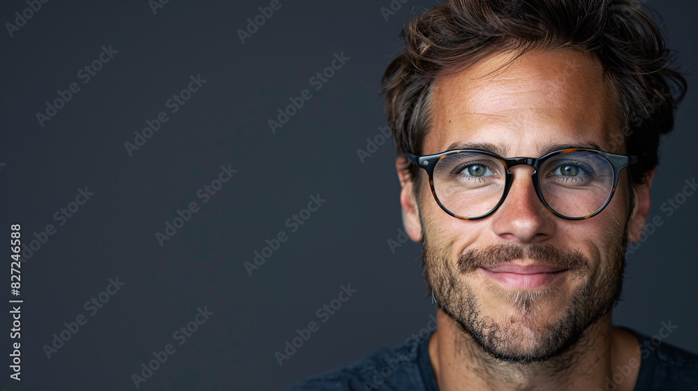 Confident young man with eyeglasses smiling against a grey background Confident young man with eyeglasses smiling against a grey background