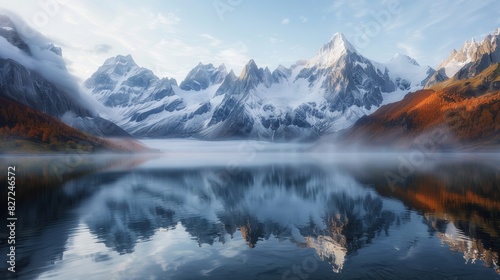 A breathtaking view of snow-capped peaks reflected in a clear lake, with morning mist adding tranquility. © klss777