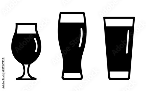 Stout beer icon set, black silhouette isolated on white. Drink in tall pint glass and tulip glass, stencil style. Vector clipart, minimalist sign or simple logo for bar and pub or Octoberfest design.