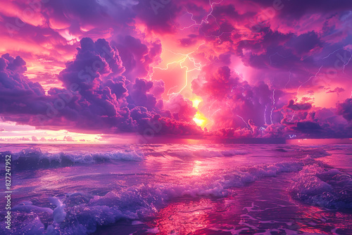 Majestic thunderstorm over ocean at sunset