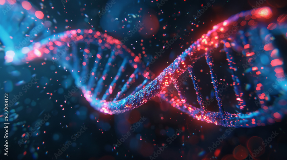 A vibrant DNA helix, transitioning from blue to red, illuminated by numerous small, glowing particles against a dark background A vibrant DNA helix, transitioning from blue to red, illuminated by numerous small, glowing particles against a dark background