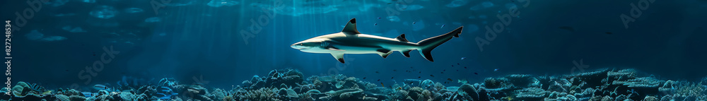 Lone Reef Shark Near a Coral Bed with Sunlight Filtering Through Lone Reef Shark Near a Coral Bed with Sunlight Filtering Through