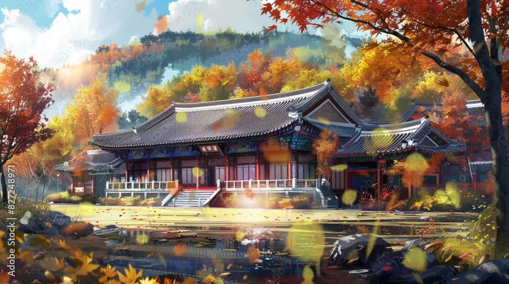 The main building of the Korean school in autumn with a yard that looks muddy. cartoon or anime style. 4k digital painting animated video background that moves smoothly and loops The main building of the Korean school in autumn with a yard that looks muddy. cartoon or anime style. 4k digital painting animated video background that moves smoothly and loops