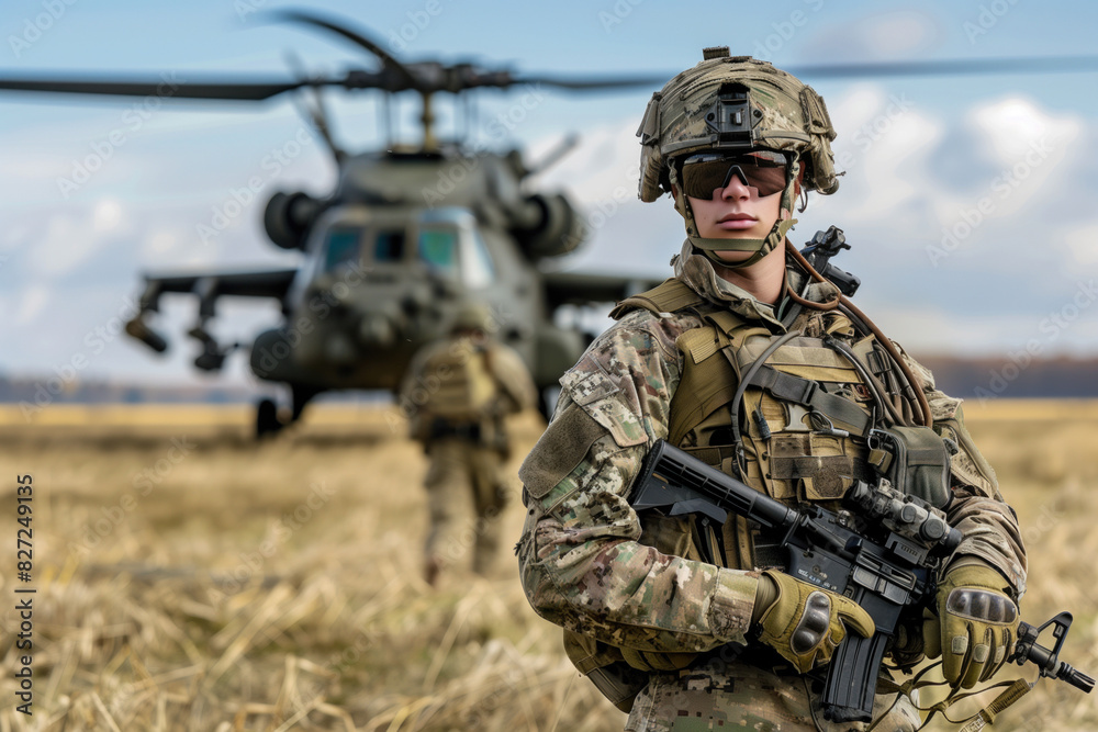 Fototapeta premium Soldier and helicopter in field