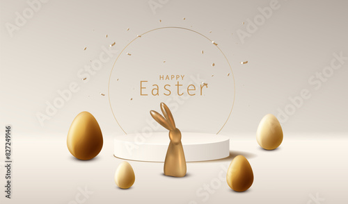 Happy Easter with display podium holiday background. Stage with gold eggs and bunny. Studio with golden rabbit and white backdrop. Modern creative vector illustration.