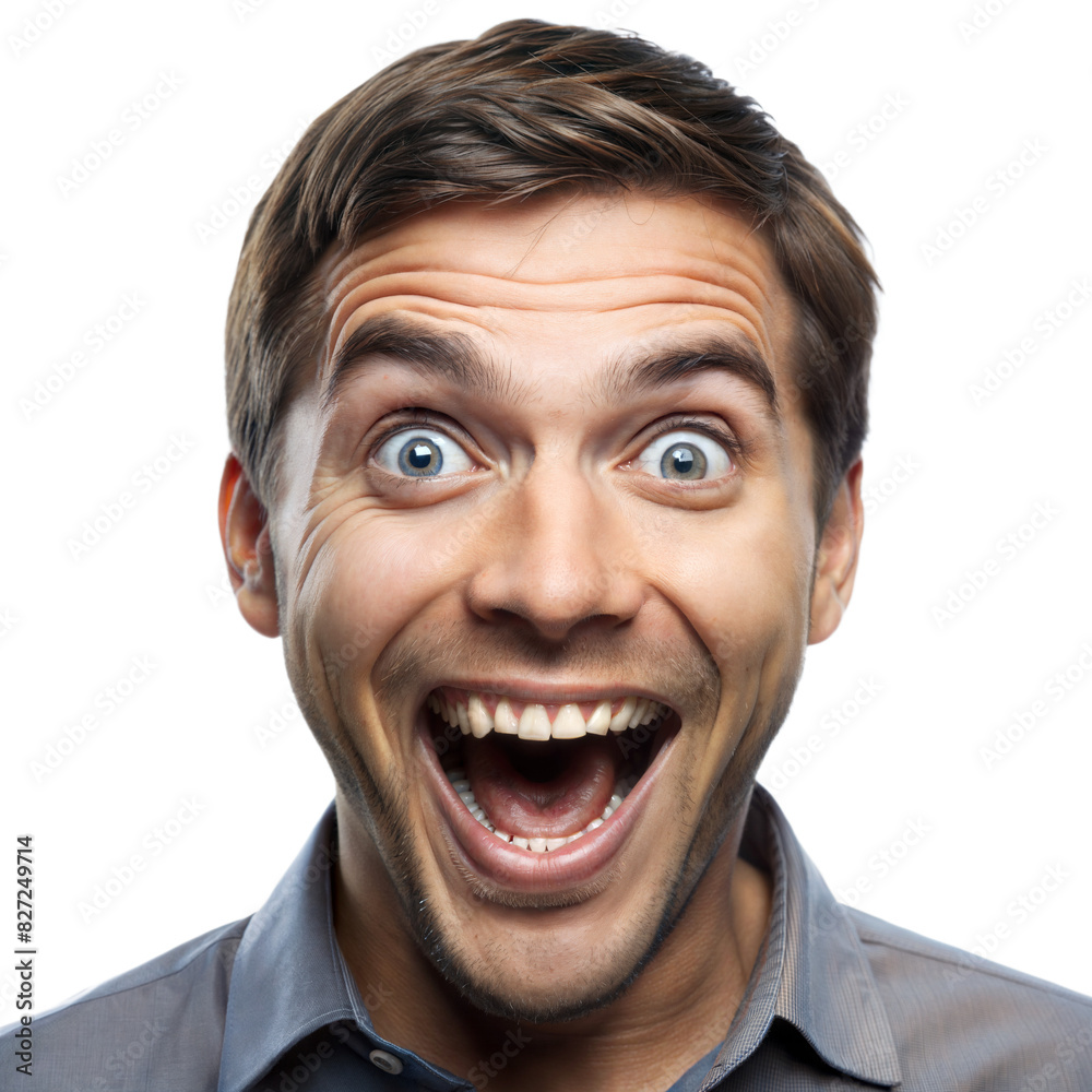 Excited Man with Open Eyes: A close-up of a man with eyes wide open and a big smile, conveying excitement and wonder isolated on white background
Excited Man with Open Eyes: A close-up of a man with eyes wide open and a big smile, conveying excitement and wonder isolated on white background