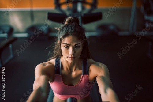 Woman Doing Workout Drill on Rowing Machine Pretty Young Athlete Woman Doing Workout Drill on Rowing Machine
