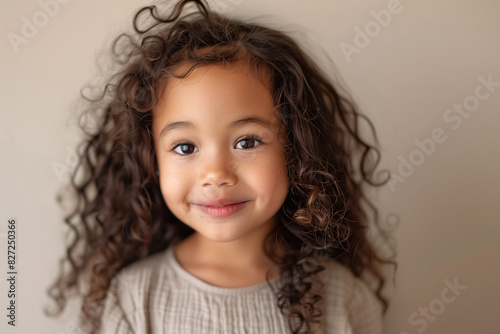 Adorable Smiling Toddler Girl with Long Curly Hair in Beige Sweater Looking at Camera