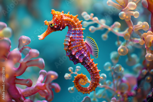 A colorful sea horse is swimming in a coral reef photo