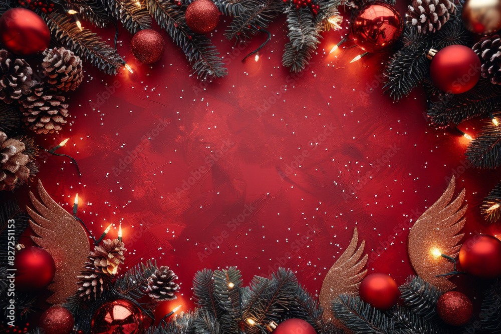 A red background with a Christmas tree and gold and red decorations