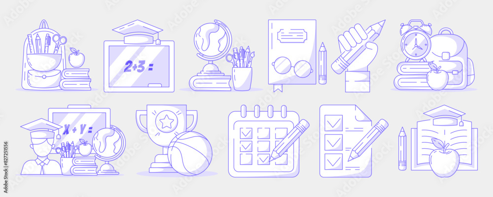 School and education, line vector icon composition set. Back to school concept, symbols of knowledge, learning, study, task list, stationery, backpack, student and chalkboard. For web, social media School and education, line vector icon composition set. Back to school concept, symbols of knowledge, learning, study, task list, stationery, backpack, student and chalkboard. For web, social media