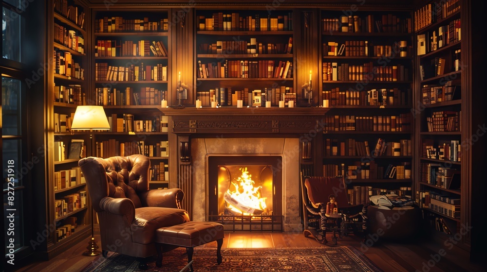 Relaxing in a home library with a fireplace