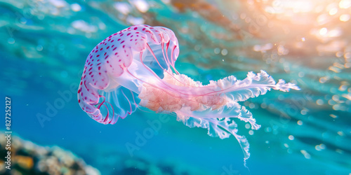 A jellyfish is swimming in the ocean
