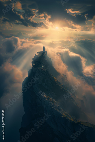 A person is standing on a mountain top, looking out at the clouds