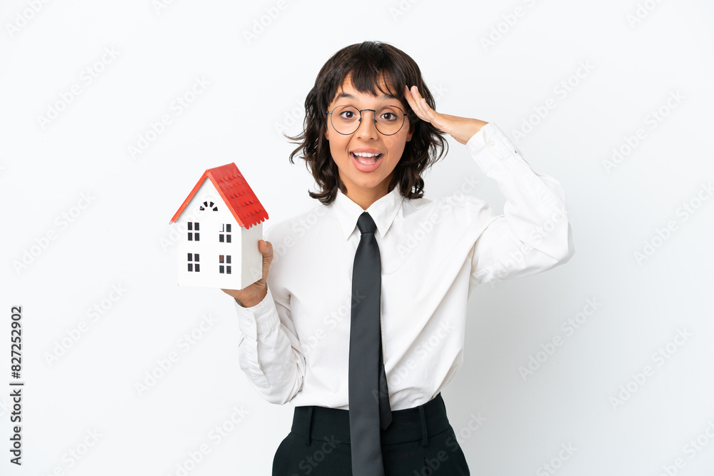 Real estate mixed race agent isolated on white background with surprise expression Real estate mixed race agent isolated on white background with surprise expression