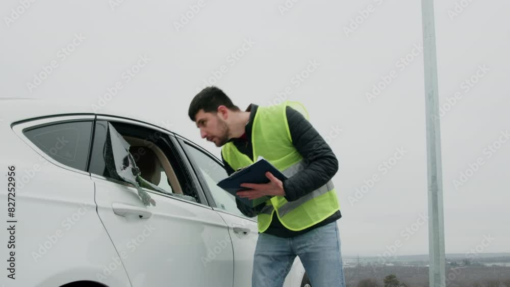 Male inspector prepares a file with the damages that occurred to the insured car following the theft. White car with intentionally broken window. Concept for insurance companies Male inspector prepares a file with the damages that occurred to the insured car following the theft. White car with intentionally broken window. Concept for insurance companies