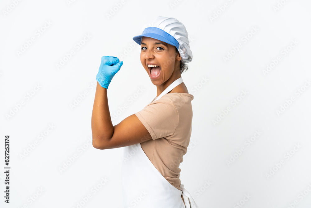 Fishwife asian woman over isolated background doing strong gesture Fishwife asian woman over isolated background doing strong gesture