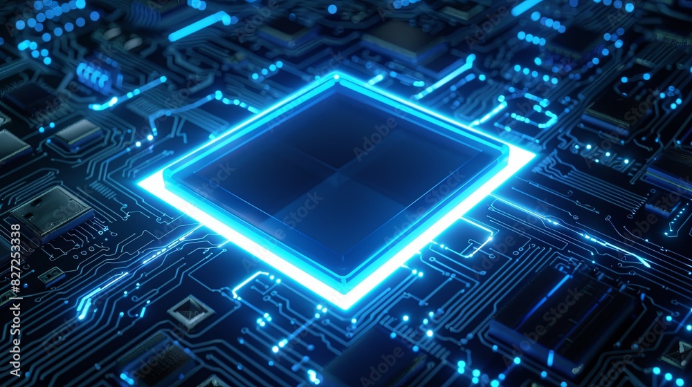 3d render of glowing blue square frame on black background with circuit board pattern