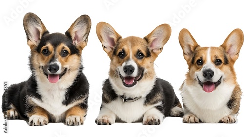 A group of adorable puppies sitting on a white background is a good description for this image