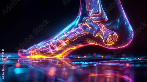 3D rendering of a human foot with pain in the ankle area on a black background