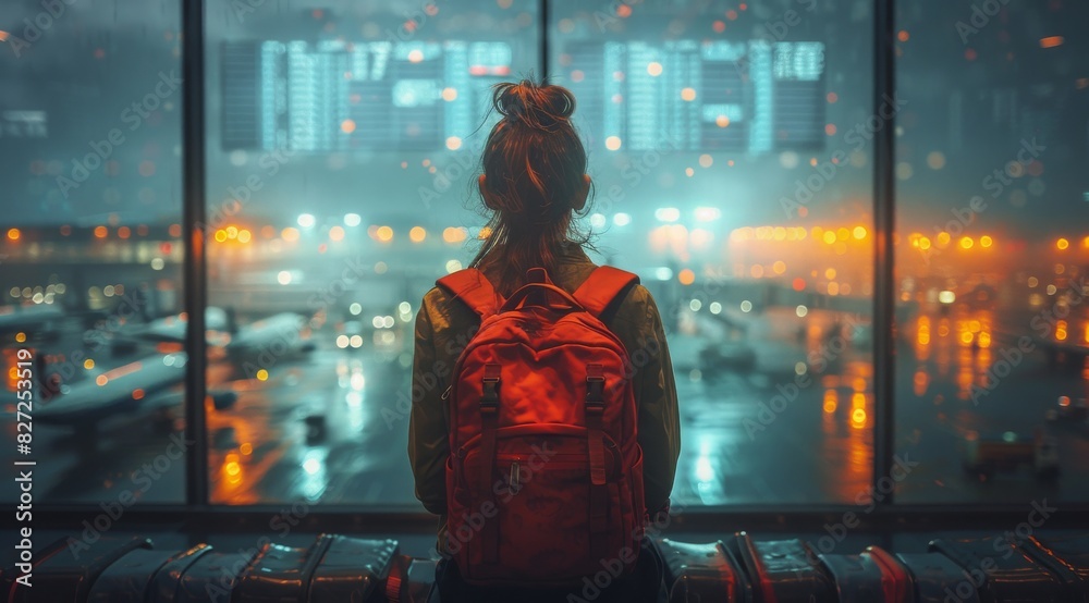 a female traveler gazes out the window, watching the airport scene unfold with a sense of anticipation and curiosity in the terminal building, a female traveler gazes out the window, watching the airport scene unfold with a sense of anticipation and curiosity in the terminal building,