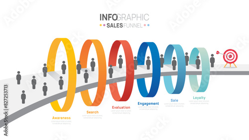 Sales funnel infographic vector template with 6 steps for digital marketing and startup business.